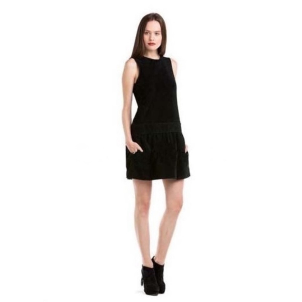 Theory Effia Drop Waist Black Wool Blend Mini Dress Brushed Velvet  - Size 8
